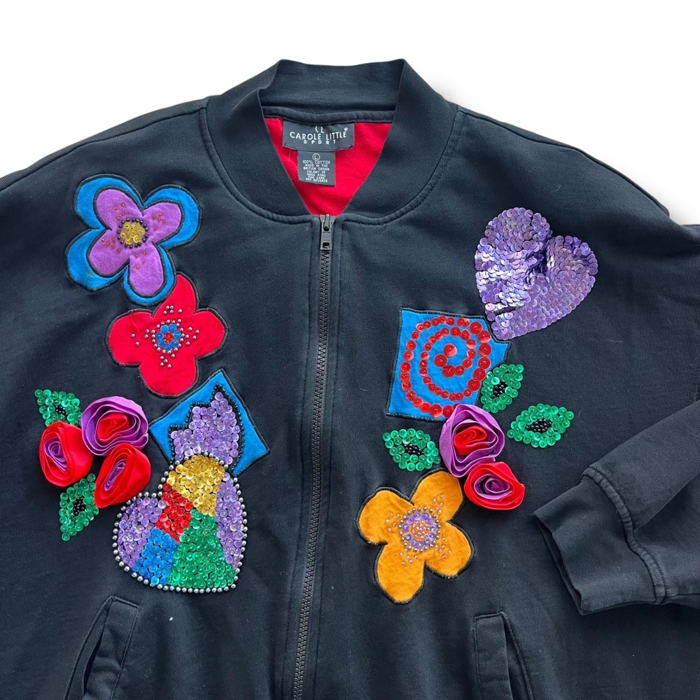Carole Little Sport Vintage L Black Embellished Floral Sequin Art To Wear Jacket